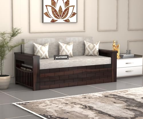 Image of Solid Sheesham Wood Diwan Bed for Living Room & Bedroom | Modern Wooden Sofa Cums Bed with Side Storage Rack | Multipurpose Day Bed for Home Furniture (Walnut Finish)