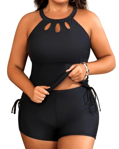 Aqua Eve Women Two Piece Plus Size Swimsuit High Neck Tankini Set Tummy Control Bathing Suit with Shorts