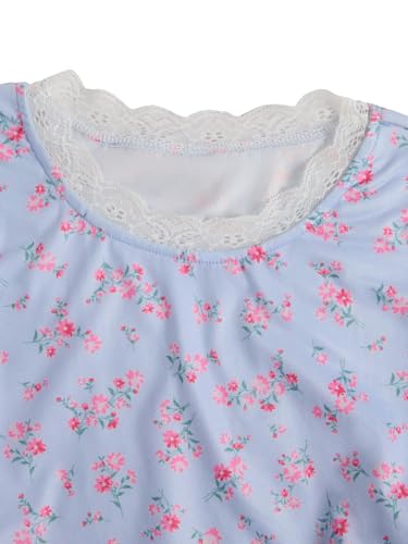 Image of RoseSeek Girl's Ditsy Floral Print Lace T Shirt Short Sleeve Ribbed Ruched Cute Tee Shirts Summer Tops
