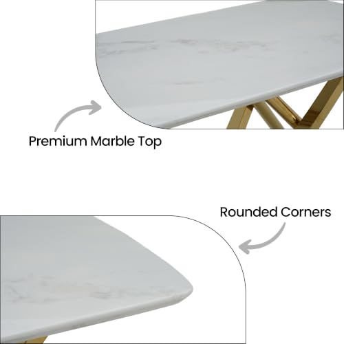 Image of Royaloak Romania Italian Marble Dining Table Six Seater | Premium Marble Top with Rounded Corners, Gold-Finished Intersecting Metal Legs & Contemporary Design | Elegant Dining Table Without Chair