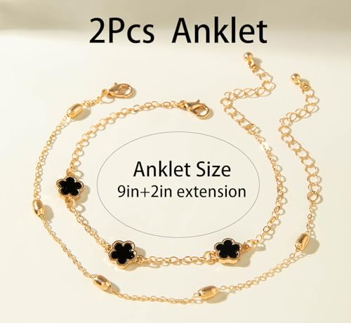 Aezlhjya 14K Gold Ankle Bracelets for Women, 2Pcs Trendy Goldplated Lucky Flower Four Leaf Bead Anklets Chain, Adjustable Layered Anklet Bracelets Jewelry Gift for Women by Aezlhjya - Used condition - Image 4