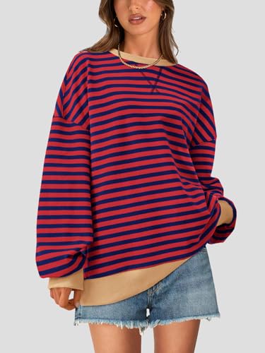 PRETTYGARDEN Womens Oversized Sweatshirt Casual Striped Color Block Long Sleeve Crewneck Pullover Tops Spring Y2k Clothes (Red Navy, Medium) — view 3