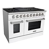 Akicon 48 Inch Freestanding Gas Range - 6.7 cu. ft. Double Rapid Convection Gas Oven Stove with 8 Sealed Burners & a Griddle, Heavy Duty Cast Iron Grates (White & Stainless Steel)