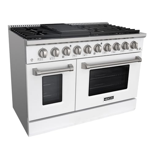 Akicon 48 Inch Freestanding Gas Range - 6.7 cu. ft. Double Rapid Convection Gas Oven Stove with 8 Sealed Burners & a Griddle, Heavy Duty Cast Iron Grates (White & Stainless Steel)