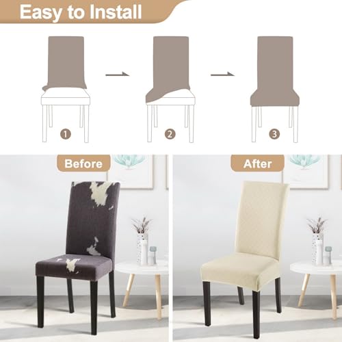Image of SearchI Waterproof Dining Room Chair Covers Set of 4, Stretch Jacquard Parsons Chair Slipcovers Removable Washable Kitchen Chair Protector for Dining Room, Hotel, Banquet(Beige Rhombus)