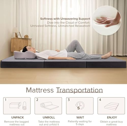 Image of Tri Folding Memory Foam Mattress | Soft & Medium Firm | Foldable Mattress | Guest Bed | Camping Bed | Grey (Single 36x72x6 Inch)