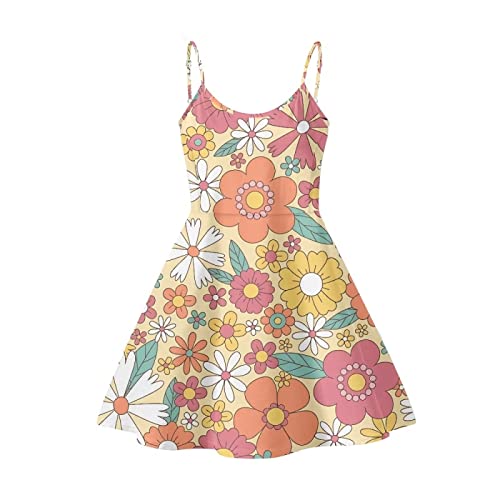 Image of Coloranimal Abstract Hippie Flower Dresses for Women Plus Size Womens Summer Casual Loose Sleeveless Spaghetti Strap Beach Dress Off Shoulder Swing Suspender Skirts, Orange
