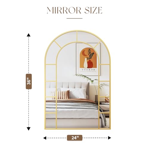 Image of Window Arched Wall Mirror Decor - Farmhouse Gold Arch Mirror for Wall Decor Living Room,Window Pane Frame for Fireplace,Hallway,Dining Room,Entryway, Bedroom,Large 36 inchX24 inch Metal Frame