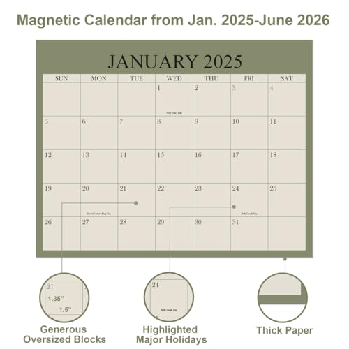 Calendário magnético de geladeira 2025 – Calendário 2025-2026 de janeiro de 2025 a junho de 2026 – O