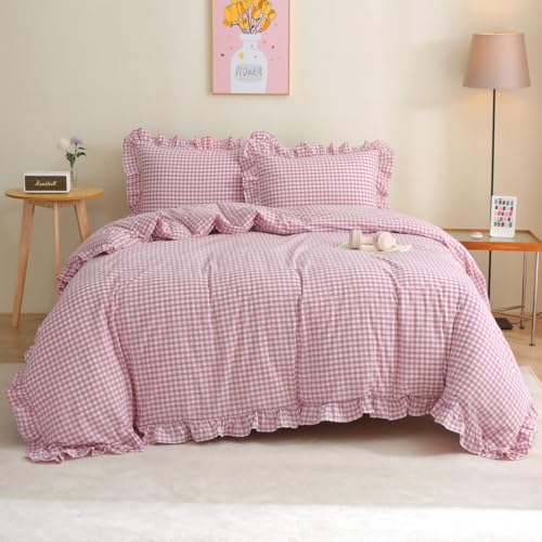 Silnuo Vintage Pink/White Plaid Ruffle 3-Piece Duvet Cover Set Queen Size,Washed Cotton Shabby Gingham Checkered Bedding Set Farmhouse Comforter Set