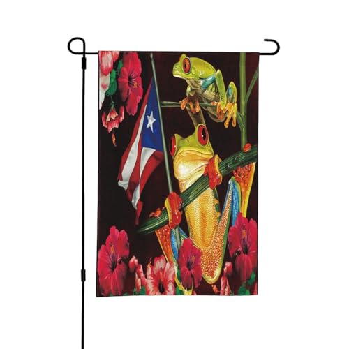 Bandera nacional de Puerto Rico con diseño de rana y flores de hibisco, bandera de jardín de doble cara, pequeña, ideal para exteriores, jardín, patio, decoración de 45,7 x 30,5 cm