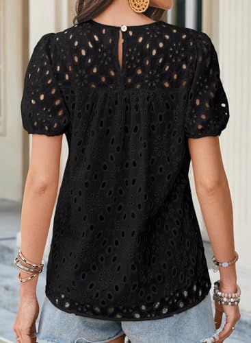 Womens Summer Tops Crewneck Short Sleeve Shirts Casual Babydoll Chiffon Blouses Eyelet Flowy Lace Hem Boho Clothing3