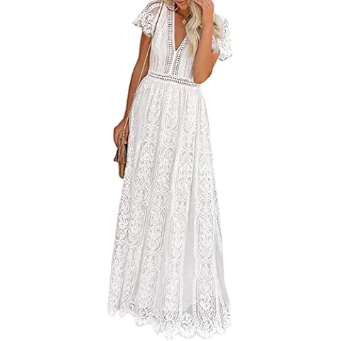 JustVH Women's Off Shoulder Short Sleeve V Neck Lace Maternity Gown Maxi Photography Dress, L-white, XL Cover