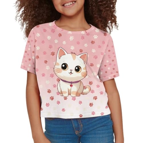 Image of Cat Print Girls Cotton T Shirts Size 7-8 Cute Crop Tops for Toddler Loose Short Sleeve Shirts for Girls Graphic Tees for School Thicken Summer Clothes for Kids Gift for Her, X-Small