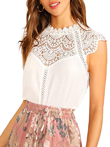 Shein Women's Elegant Sleeveless Contrast Lace Chiffon Blouses Tops Pure White Large #TOP29