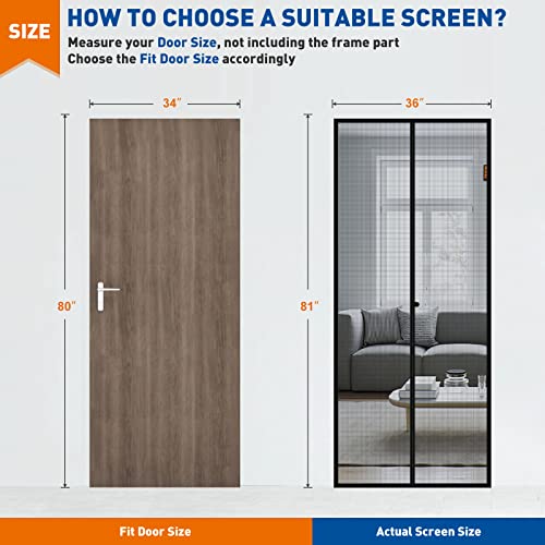 Magzo Magnetic Screen Door Fit Door Size 34 X 80 Inch, Screen Size 36" X 81" Heavy Duty Fiberglass Mesh Curtain With Full Frame Hook&Loop For Sliding Door-Grey #TOP1