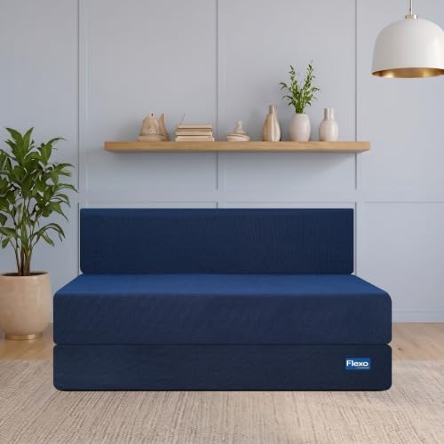 Image of Starlon 3 Seater Foldable Sofa Cum Bed 3-in-1 with Washable Jute Fabric Cover, Space Saving Guest Bed for Living Room & Apartment, Pre-Assembled Royal Navy Blue 5x6 Ft