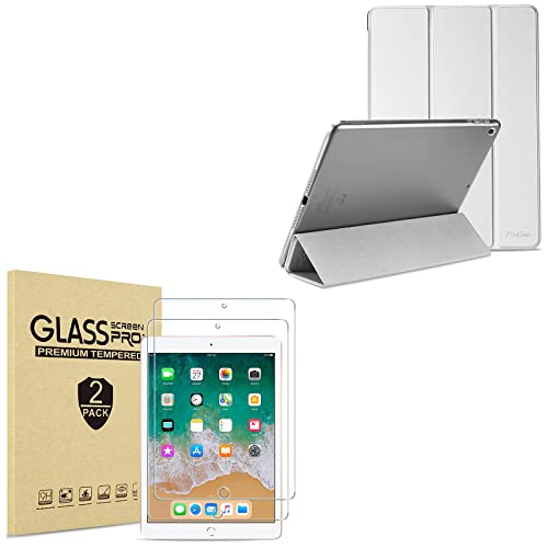 ProCase iPad 9.7 Case (Old Model) 2018 iPad 6th Generation / 2017 iPad 5th Generation Case -Silver Bundle with 2 Pack iPad 9.7 Screen Protector 2018/2017, Tempered Glass Screen Film Guard