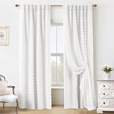 White Blackout Pleated Ruffle Curtains for Bedroom with Design,Room Darkening Pom Pom Textured Ruffled Farmhouse Boho French Country Decorative Curtains for Living Room 84 Inches Long