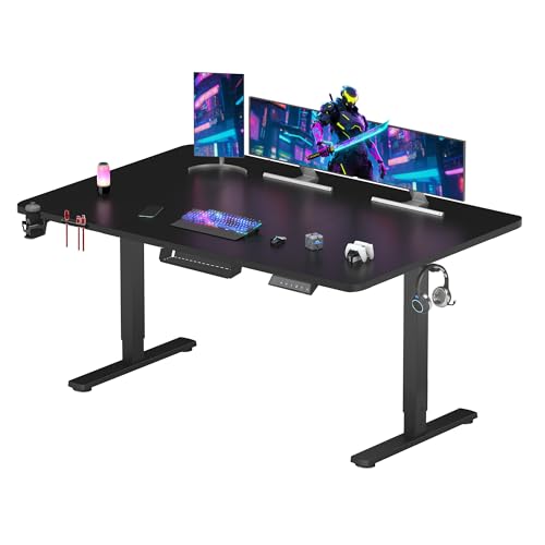 SANODESK 160x60cm Electric Standing Desk Height Adjustable Gaming Standing Desk with Hooks & Cupholder Sit Stand Desk with Organizer Home Office Desk with Memory Smart Pannel Splice Board