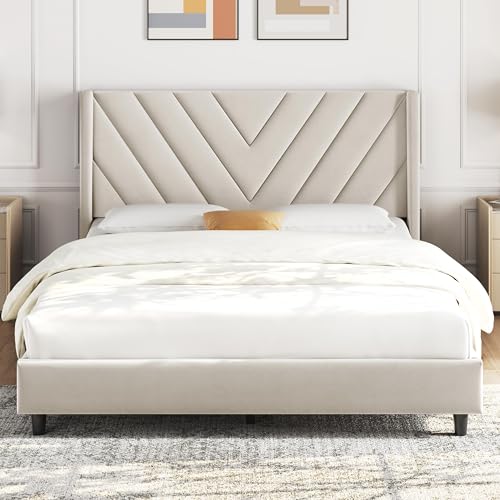 Image of Yaheetech Full Bed Frame Upholstered Platform Bed with Wing Side Tufted Headboard /Sturdy Wooden Slat Support /No Box Spring Needed /Mattress Foundation,Beige Full Bed