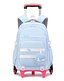 Amythe Schulrucksack Mädchen Rucksack mit Rollen für Teenager, 6-Rad Schultrolley Schultasche Mädchen Wasserdicht mit 15,6 Zoll Laptop Fach, Höhenverstellbar Treppenfunktion, Blau