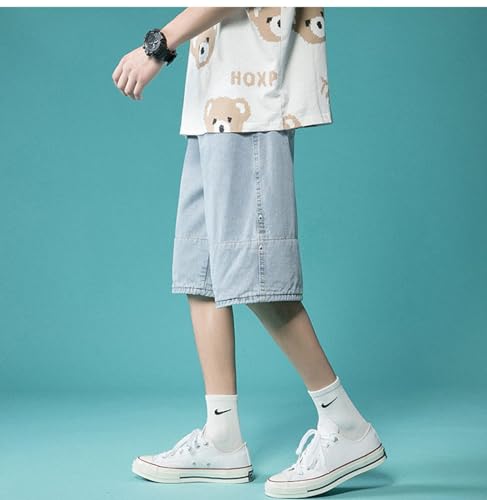 Calça Jeans Xadrez Com Punhos, Namorado, Namorada, Bainha Solta, Calça Jeans Curta, Bolsos Azuis Cla