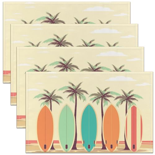 Planche de Surf Vintage Sets de Table Lot de 4 pour Adolescents,Palmier Tropical Tapis de Table,Planche de Surf Colorée Tapis de Table,Thème Marin Surf en...