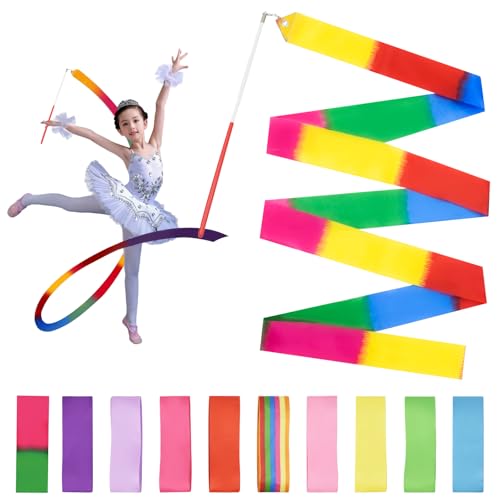 Surplex 10 Nastri per Danza Ritmica, Nastri Colorati da Ginnastica con Asta Rotante per talenti Show, Bacchetta da Ballo per Bambini, Fascia Arcobaleno Ideale per Ragazze per Feste di Compleanno per