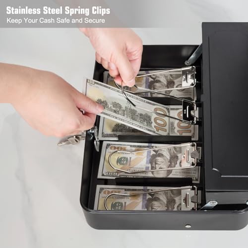 Cash Box with Money Tray and Lock, Metal Money Box for Cash Register, Large Cash Lock Box for Money Safe Includes 5 Slots Coin Tray with Cover, 4 Bill Slots, 4 Keys, 11.8\" x 9.4\" x 3.54\" Black