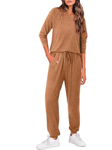Image of Magritta Pjs for Women Sets Plus Size Fall Track Suits Long Sleeve Lounge Wear Crew Neck Tracksuit Full Set Loose Fit Sweatshirts and Wide Leg Trousers 2 Piece Outfits Caramel Medium