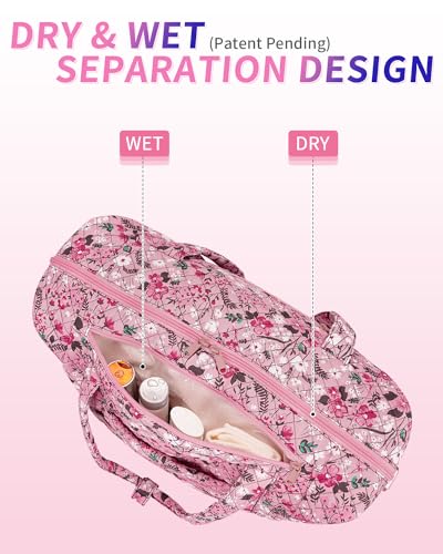 Ceneda Travel Duffle Bag - Quilted Weekender Overnight Bags For Women with Wet Pocket & Shoe Bag, Fits Airline Approved Personal Item Size (Pink Flower)3