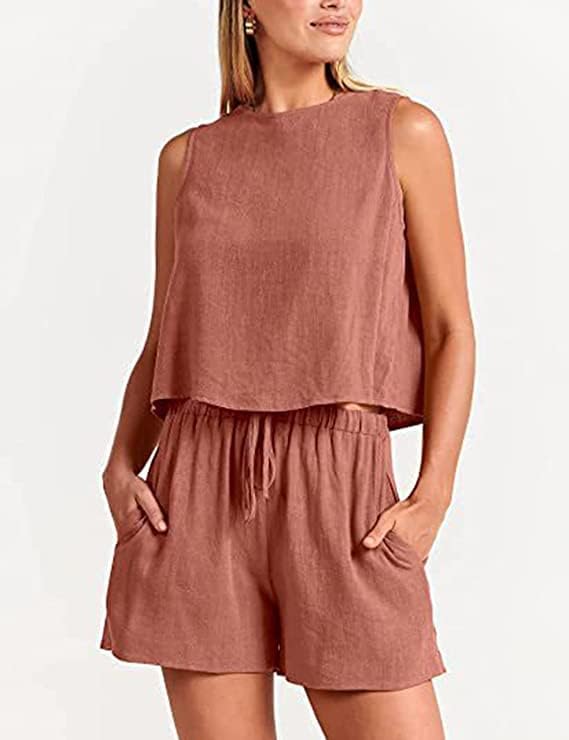 Miniatura 4 de Conjunto de 2 piezas de lino para mujer, conjunto de pantalones cortos sin mangas, camiseta corta sin mangas 2023, nuevo verano bohemio con