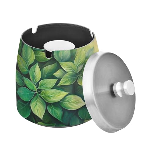 Ewusp Cenicero de hojas verdes para interiores y exteriores, resistente al viento, a prueba de olores, cenicero de acero inoxidable con tapa, cenicero de escritorio para fumar, cenicero de cigarrillos