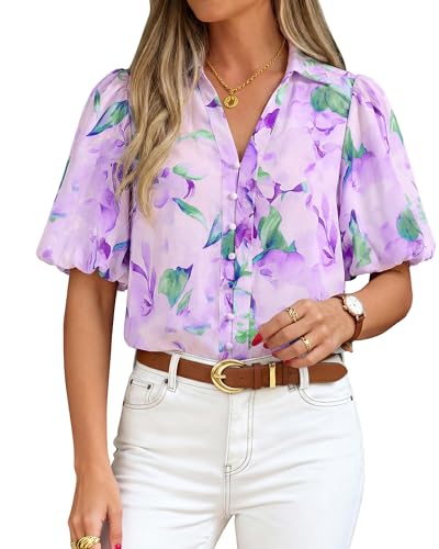 BTFBM Womens Tops Summer Button Down Shirts Casual Short Sleeve V Neck Floral Boho Business Blouses Vacation Outfits(Floral Purple,Medium)