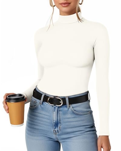 MANGOPOP Women's Mock Turtleneck Long Sleeve Shirt Fall Outfits Fashion Thermal Undershirt Basic Tops Fleece Lined Tee 2025 White Small