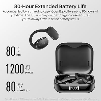 TOZO OpenEgo Open Ear Earbuds Bluetooth Headphones, 5.3 Bluetooth Sport Earbuds with Earhooks for 80Hrs Playtime,32 EQ Modes, Digital Display, Clear Calls, Comfortable Wear for Running, Work, Black