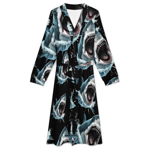 Shark Bite Soft Robe Long Sleeve Bathrobes V Neck Sleepwear Spa Robes with Belt Men Woman3