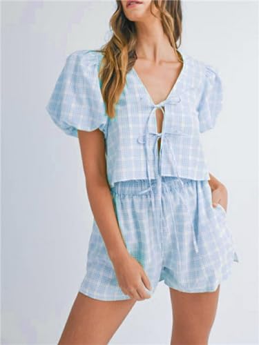 Image of Yuemengxuan Women Y2k Two Piece Plaid Lounge Sets Puff Sleeve Tie front Blouse Top High Waist Shorts Casual Pajamas Sets