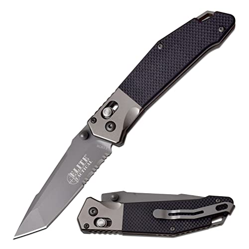 Elite Tactical - Folding Knife - Tanto Fine/Serrated Blade with Black Aluminum and G10 Handle and Deep Carry Pocket Clip - Rapid Lock Tactical Military Combat Knife