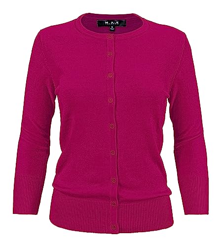 Yemak Women's Knit Cardigan Sweater – 3/4 Sleeve Crewneck Basic Classic Casual Button Down Soft Lightweight Knitted Top Co079-Mgt-M Magenta #TOP11
