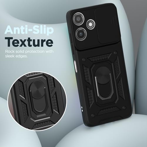 Image of Outlouders Back Cover for Redmi 12 5G / Poco M6 Pro 5G | D10 Tough Armor 360 Protection Case with Sliding Camera Shield & Ring Holder Stand Bumper Case (Black)