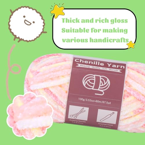 Image of LUNARM Chenille Yarn for Crochet Knitting Chunky Blanket Velvet Yarn | 3 Pack 3.5oz /100g 263 Yard Peach Pink Gradient Yarn for Beginners Knitting Scarves with Big Eye Needles Machine Washable