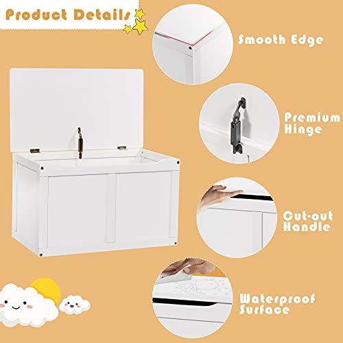 GYMAX Kids Toy Box, Children Large Storage Wooden Chest with Safety Hinge, Toddler Room Organizer Flip-Top Bench for Playroom, Bedroom and Baby Nursery (White)