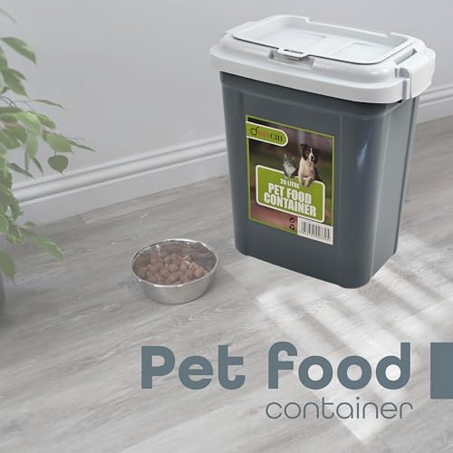 DIVCHI Aufbewahrungsbehälter für Tierfutter, Klappverschluss, mit integrierter Schaufel, Kunststoff, luftdicht, für Haustiere, Hunde, Katzen, Tiere, Trockenfutter, 15 kg, Spenderbehälter (Grau, 20 l)