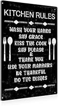 Funny Kitchen Rules Metal Tin Sign Wall Art Decor Vintage Sign for Home Caf?Bar Decor Gifts - Black 8x12 Inch