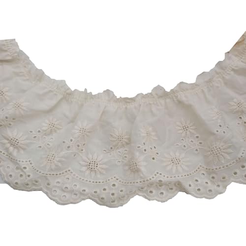 KUYLENT 2 Yards Eyelet Embroidery Flower Cotton Lace Ruffle Trim Edge Fabric for Sewing Dresses, Apron，Bag, Pet Clothes (Beige)