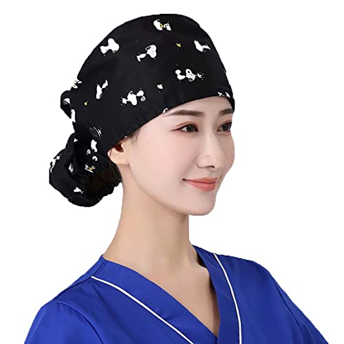 Working Cap with Buttons and Sweatband Adjustable Scrub Caps for Women Men Working Hats Long Hair Head Covers Black