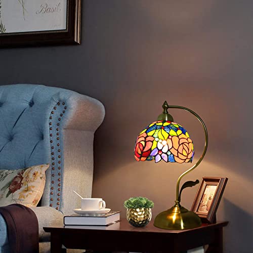 Tiffany Style Table Lamp Baroque W8H17 Inch Handmade Stained Glass Desk Lamps Gifts With Metal Leaf Iron Base Vintage Curved Double Color Roses Reading Lamp For Bedside, Living Room, Office, Study #TOP6
