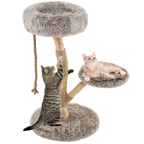 GYMAX Cat Tree, Solid Pear Wood Cat Tower with Sisal Scratching Posts, Perch, Soft Long Plush, Multi-Level Kitty Climbing Tower for Indoor Cats (50 x 50 x 90 cm)